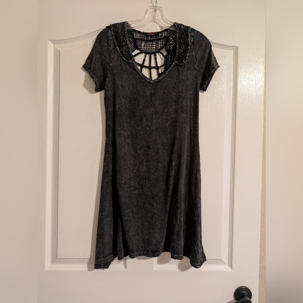 Washed Look Black Capped Sleeve Dress with Crochet & Embellishments On Back